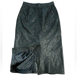 VTG 100% Nappa Leather Black Etched Tonal Zebra Print Pencil Midi Skirt